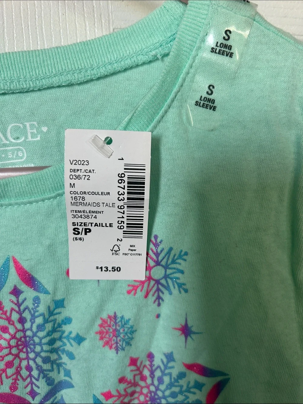 The Children's Place Mint Green Long Sleeve Tee with Pink & Blue Snowflake Motif